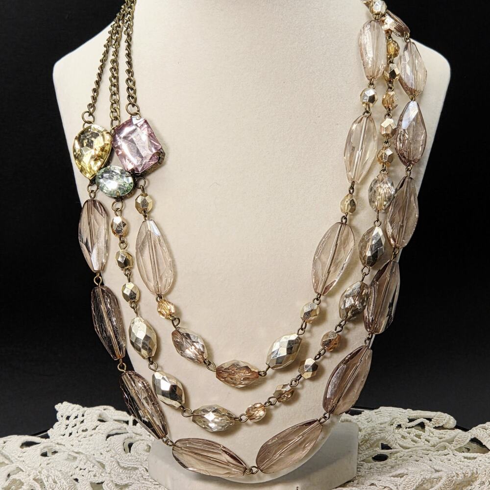 Fabulous Vintage Faceted Lucite Multistrand Statement Necklace Pastel Large Gems